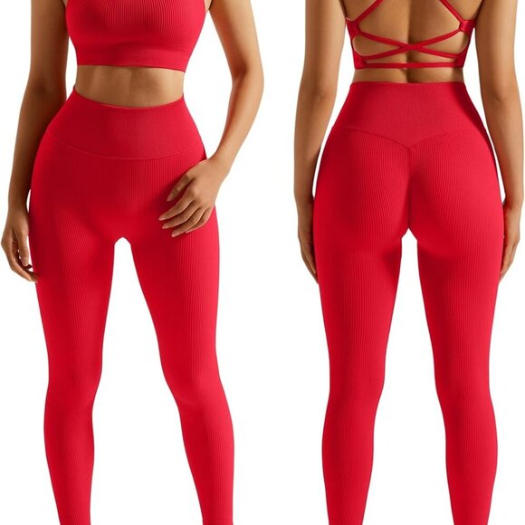 Ribbed Workout Sets for Women 2 Piece Backless Strappy Sports Bra Seamless Leggi - Picture 1 of 7